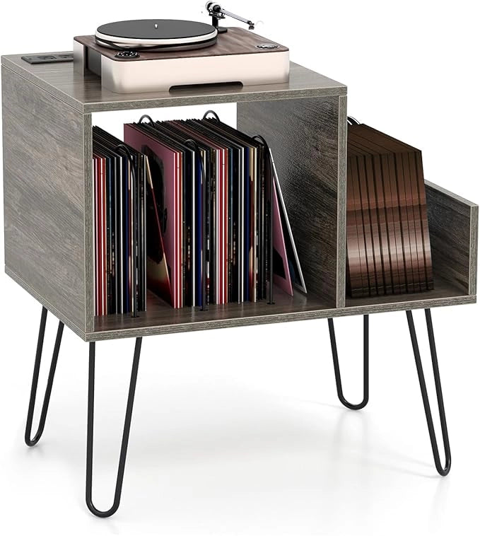Supporto per Giradischi con Presa di Corrente, Espositore per Dischi con Presa di Corrente e Porta USB, capacità Fino a 145 Album, per Soggiorno e Camera da Letto, 66 x 45 x 67 cm (Grigio)