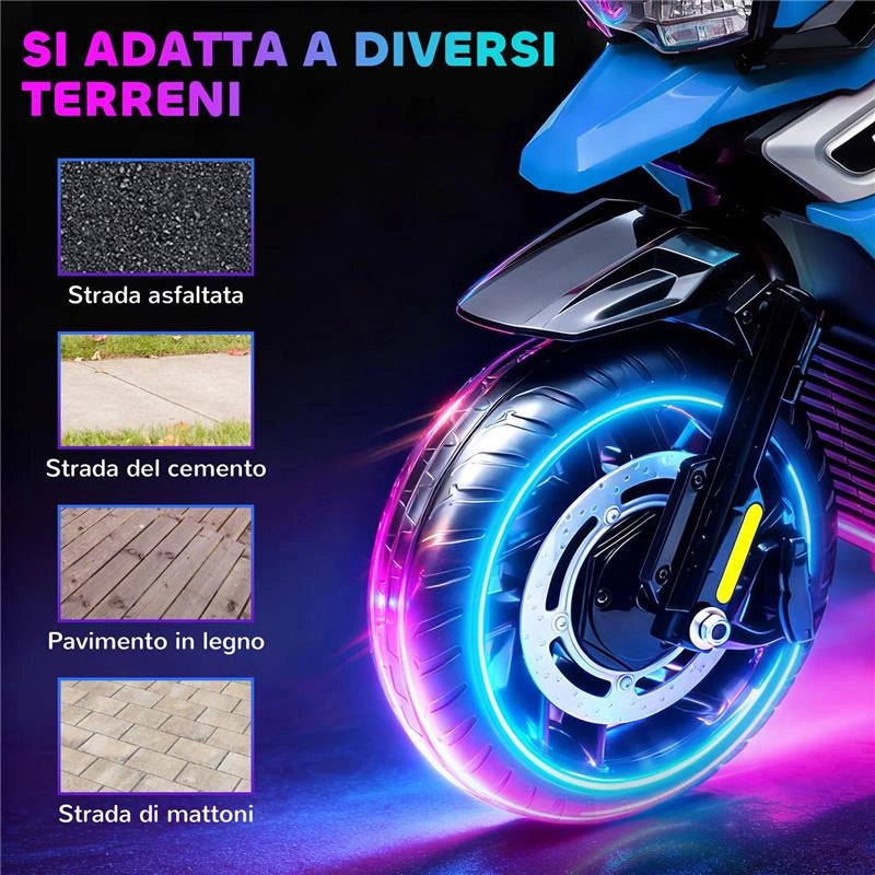 MOTO ELETTRICA PER BAMBINI CON ROTELLE, SPECCHIETTI E POGGIAPIEDI, IN PP E METALLO, 85.5X44.5X56 CM, BLU