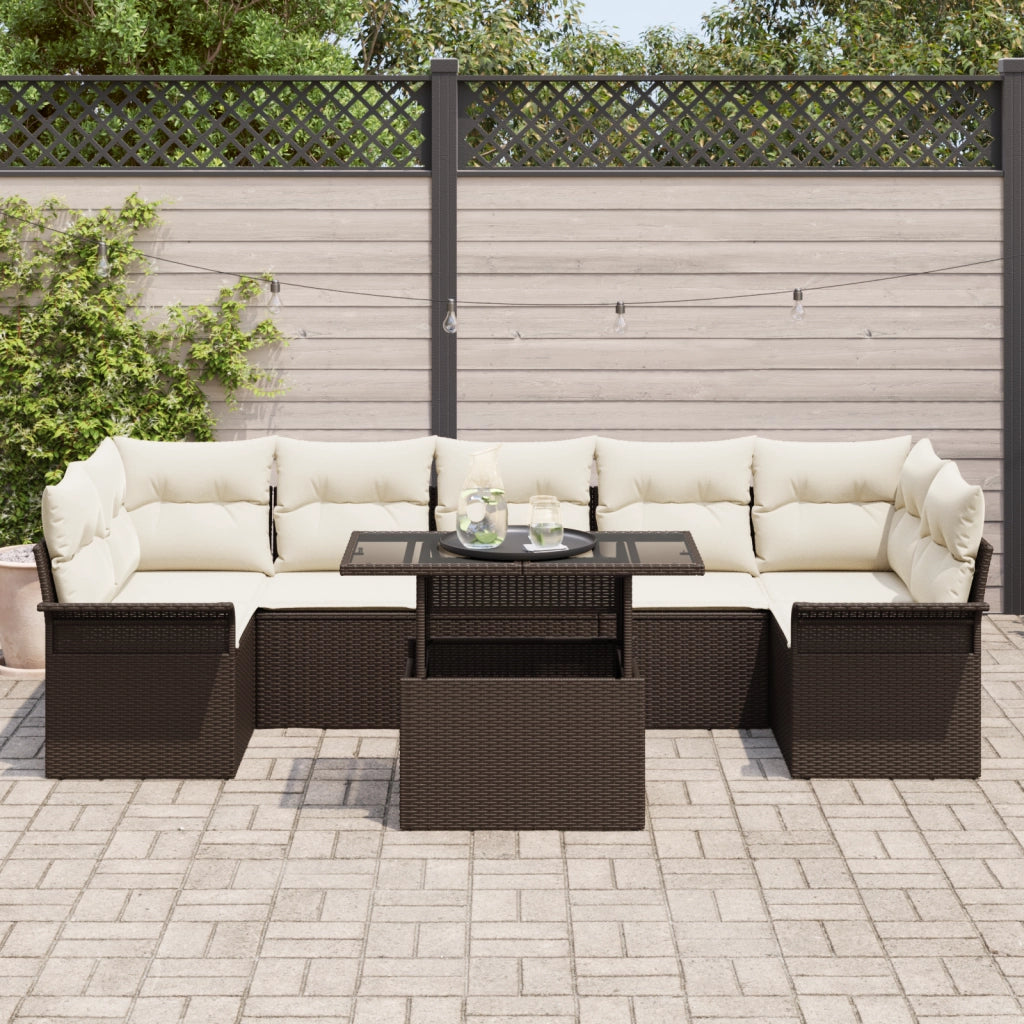 Set di Divani da Giardino 8 Pezzi con Cuscini Marrone Polirattan