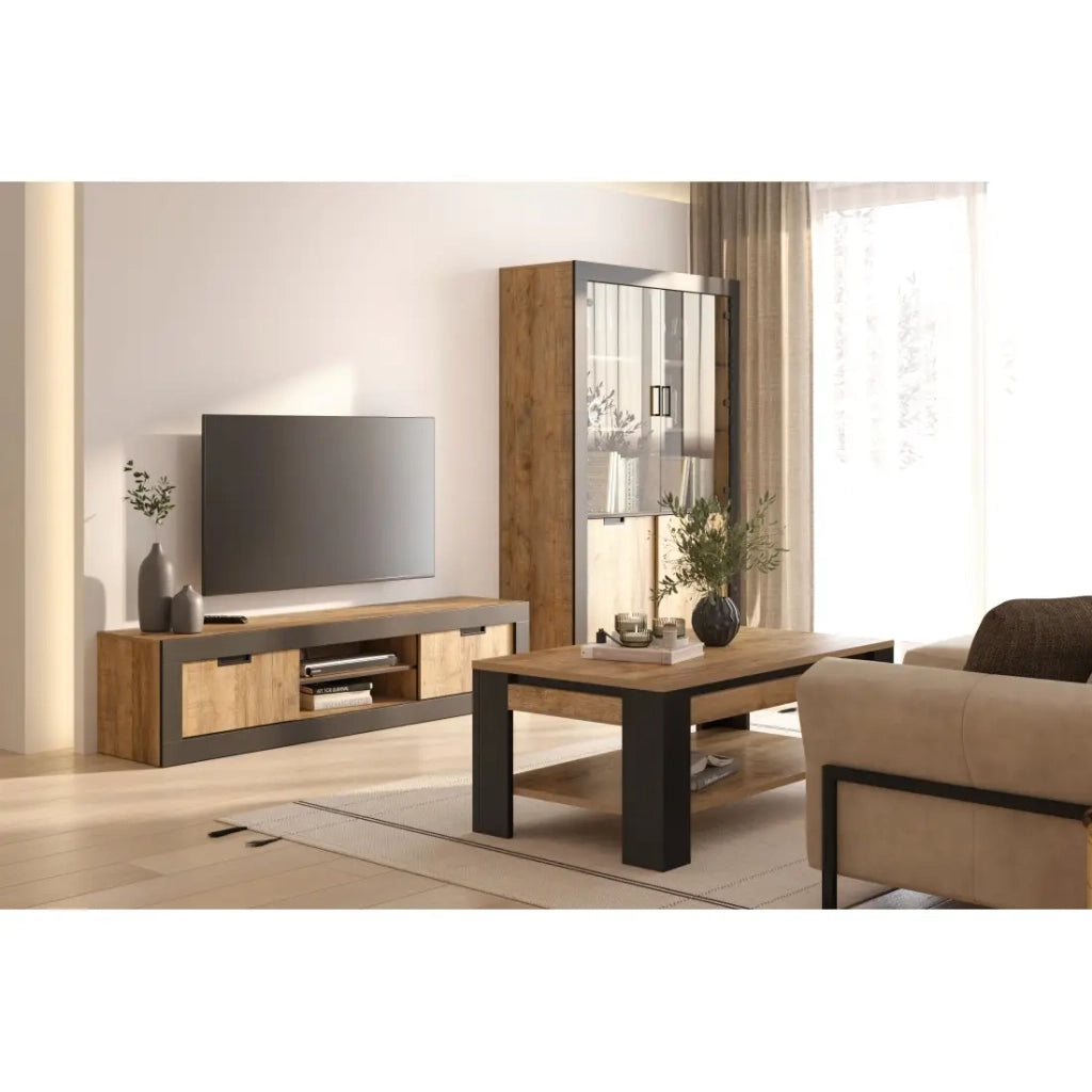 Mobile TV MEUNIER – 2 ante & 5 vani – Rovere Samdal & nero opaco – 180×42×40 cm