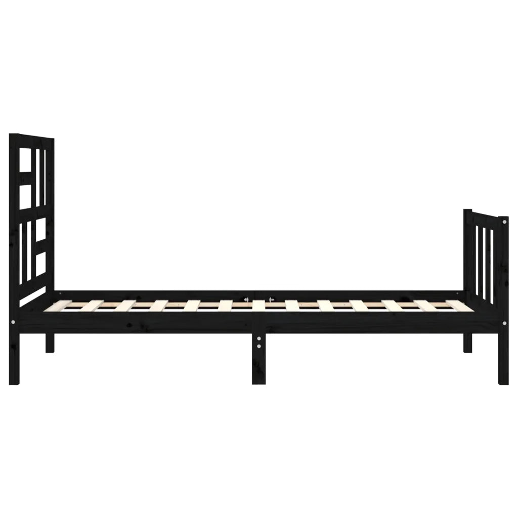 Letto singolo | Letto per adulti | Giroletto con Testiera Nero Small Single in Legno Massello
