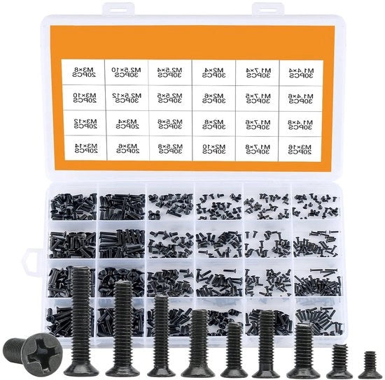 Set di viti 650 pezzi - Accessori di viti elettronici - Viti in acciaio inossidabile - Verniciato nero - Testa a croce piatta - Per laptop, occhiali e orologi - Verniciato nero.