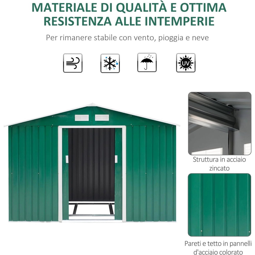 CASETTA BOX PORTA ATTREZZI CAPANNO GIARDINO BASE E DOPPIE PORTE SCORREVOLI 277×195×192cm IN ACCIAIO VERDE OUTSUNNY 845-031GN