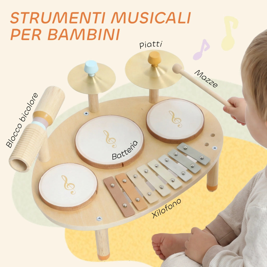 Set di Strumenti Musicali per Bambini da 2+ Anni con Tamburi e Xilofono, Colore Legno