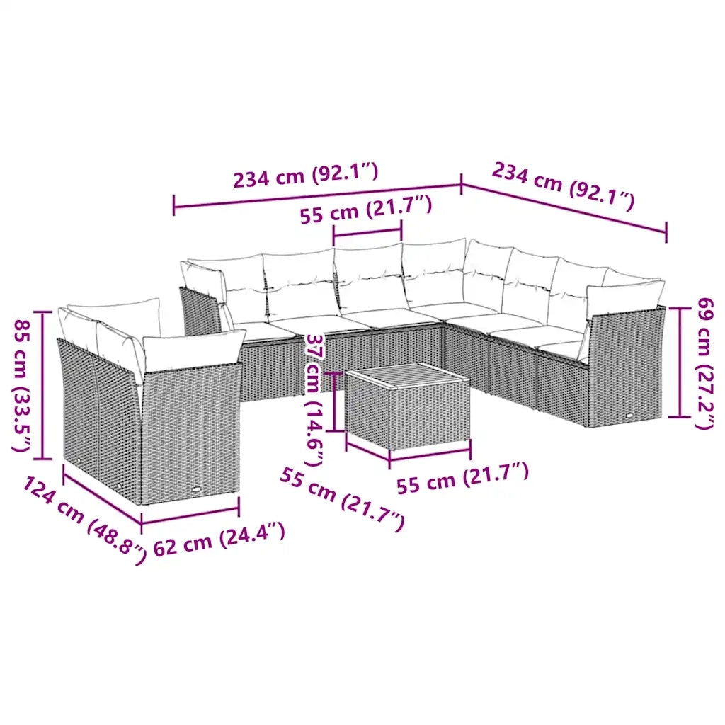Set Divani da Giardino 11 pz con Cuscini in Polyrattan Grigio