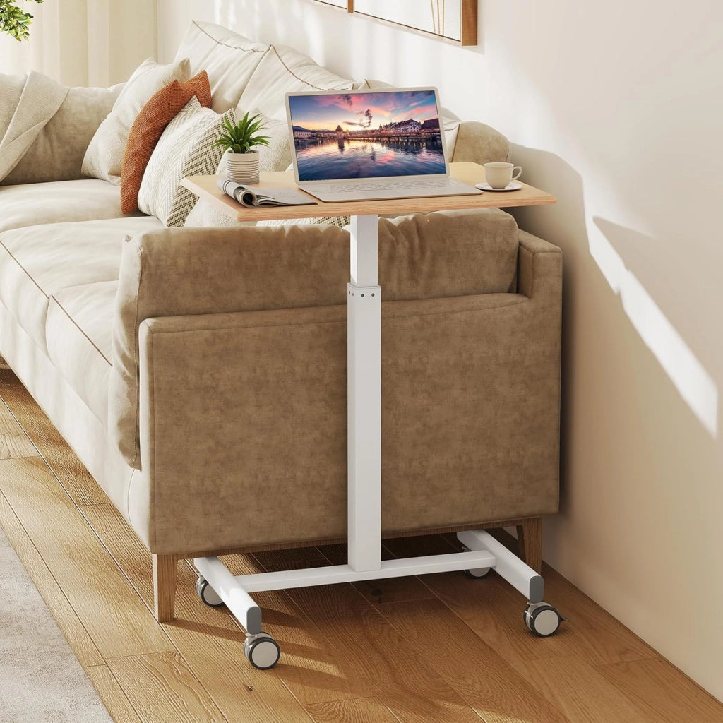 Tavolino da Divano e Letto con Ruote Bloccabili, Tavolino Porta PC Regolabile in Altezza con Pistone a Gas, Ruote Lisce, Base a Forma di H, Ideale per Lavorare e Mangiare