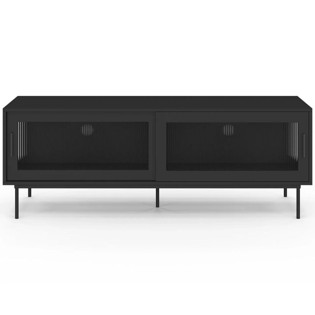 IDMarket - Mobile TV ZINEB 140 cm, 2 ante scorrevoli in vetro, frontale nero scanalato