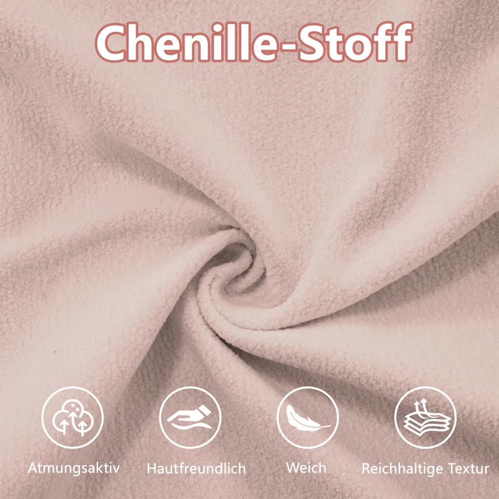 Divano modulare con ottomana 220x145x81 cm in ciniglia rosa con cuscini lombari e decorativi