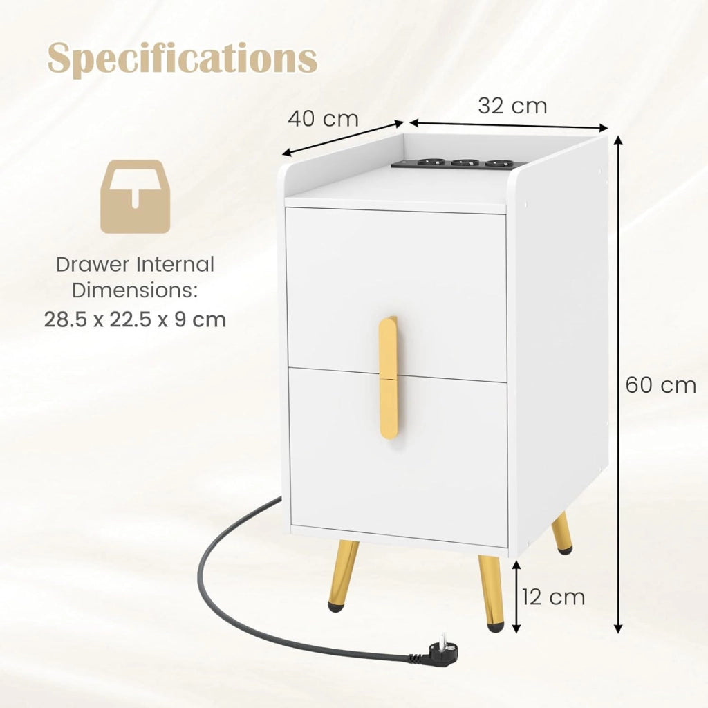Comodino con stazione di ricarica, comodino con 2 porte USB e 3 prese, tavolino con 2 cassetti, comodino con gambe in metallo, 32 x 40 x 60 cm