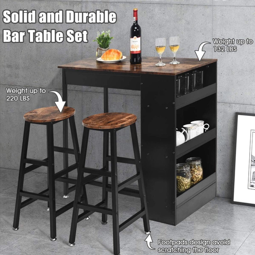 Set Tavolo e 2 Sgabelli, Set Mobili da Bar, 3 Pezzi Set da Pranzo, in Stile Industriale, Tavolo con 3 Ripiani di Stoccaggio, Sgabello con Poggiapiedi di Diverse Altezze, Struttura Metallica
