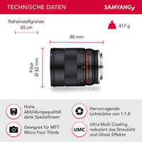 MF 85mm F1.8 ED UMC CS MFT - obiettivo manuale con lunghezza focale fissa di 85 mm per fotocamere con attacco MFT, angolo di campo di 14,7°, filettatura del filtro da 62 mm