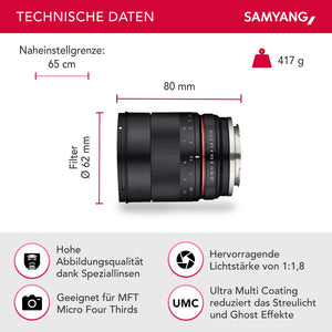 MF 85mm F1.8 ED UMC CS MFT - obiettivo manuale con lunghezza focale fissa di 85 mm per fotocamere con attacco MFT, angolo di campo di 14,7°, filettatura del filtro da 62 mm