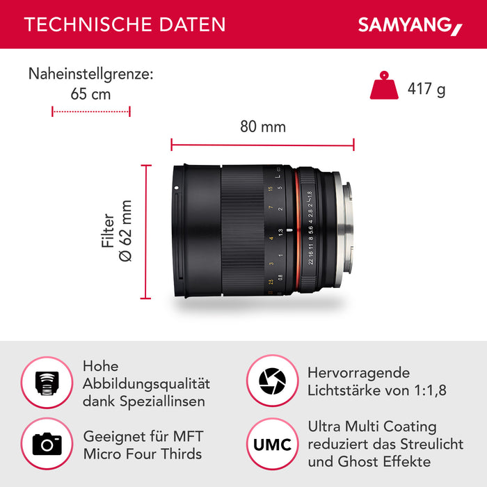 MF 85mm F1.8 ED UMC CS MFT - obiettivo manuale con lunghezza focale fissa di 85 mm per fotocamere con attacco MFT, angolo di campo di 14,7°, filettatura del filtro da 62 mm