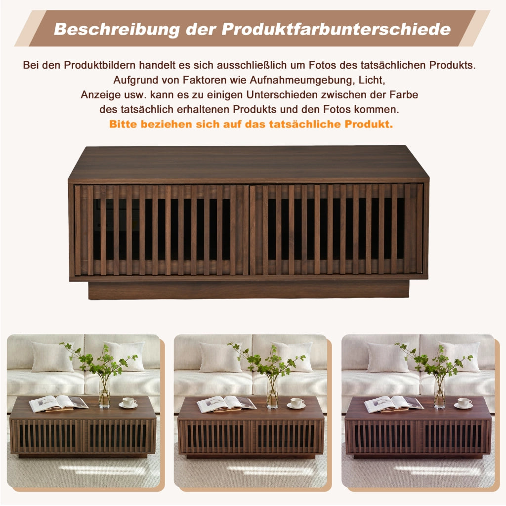 Tavolino basso con 2 ante a griglia e 2 vani contenitore, per soggiorno, in MDF e truciolare, noce, 100 × 50 × 35 cm