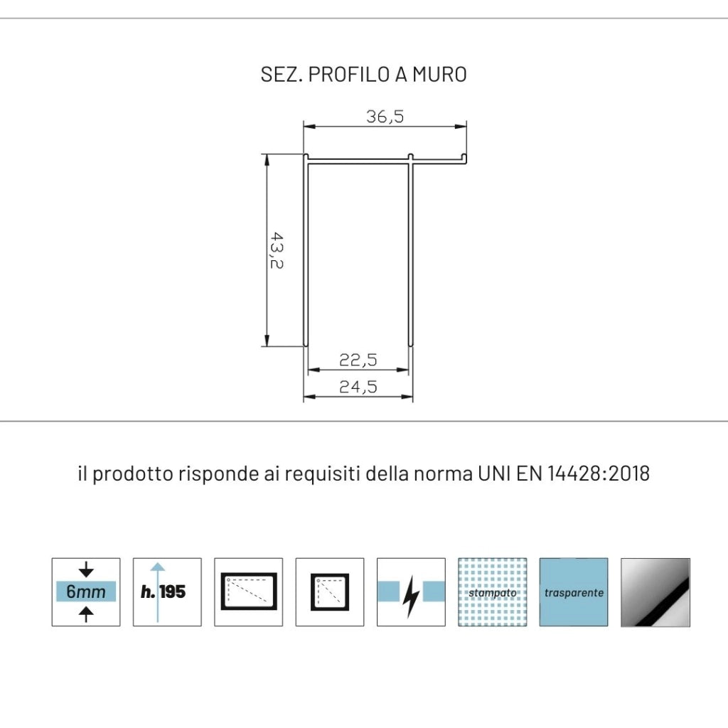 Parete fissa porta battente 6mm cristallo temprato cromo lucido *** misure 97-99xh195 cm stampato, confezione 1