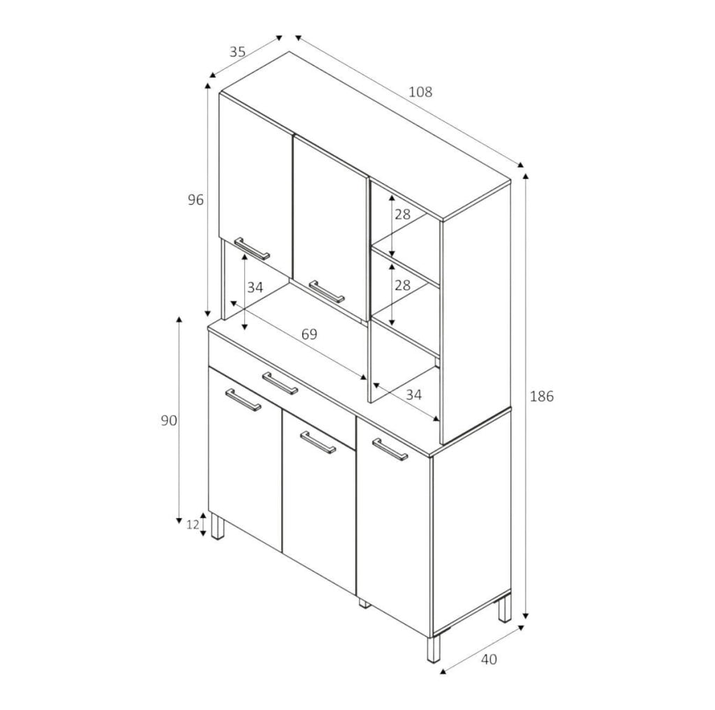 Credenza\ Abbaio, Mobile ausiliario da cucina, Credenza a 5 ante e 1 cassetto con ripiani, Armadio aperto, cm 108x40h186, Bianco e Rovere