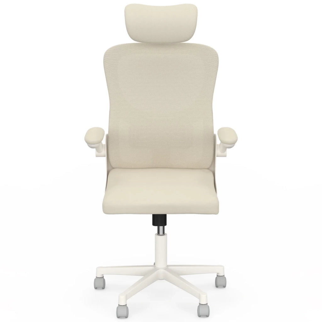 IDMarket - Sedia da ufficio ergonomica JAMES in tessuto traspirante e poggiatesta con rotelle beige e bianche