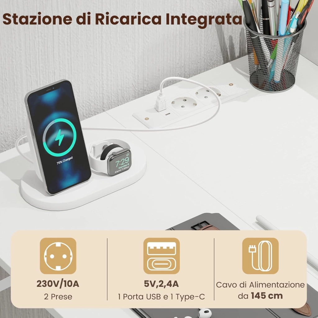 Scrivania Angolare a Forma di L, Scrivania ad Angolo Salvaspazio con Stazione di Ricarica, Scaffale, Supporto per Monitor, Gancio per Cuffie e Vassoio per Tastiera 160x108x10cm (Bianco)