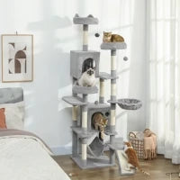 Albero Tiragraffi per Gatti con Scala, 2 Amache, 3 Posatoi, 2 Casette e 3 Piattaforme, 48x48x192 cm, Grigio e Crema