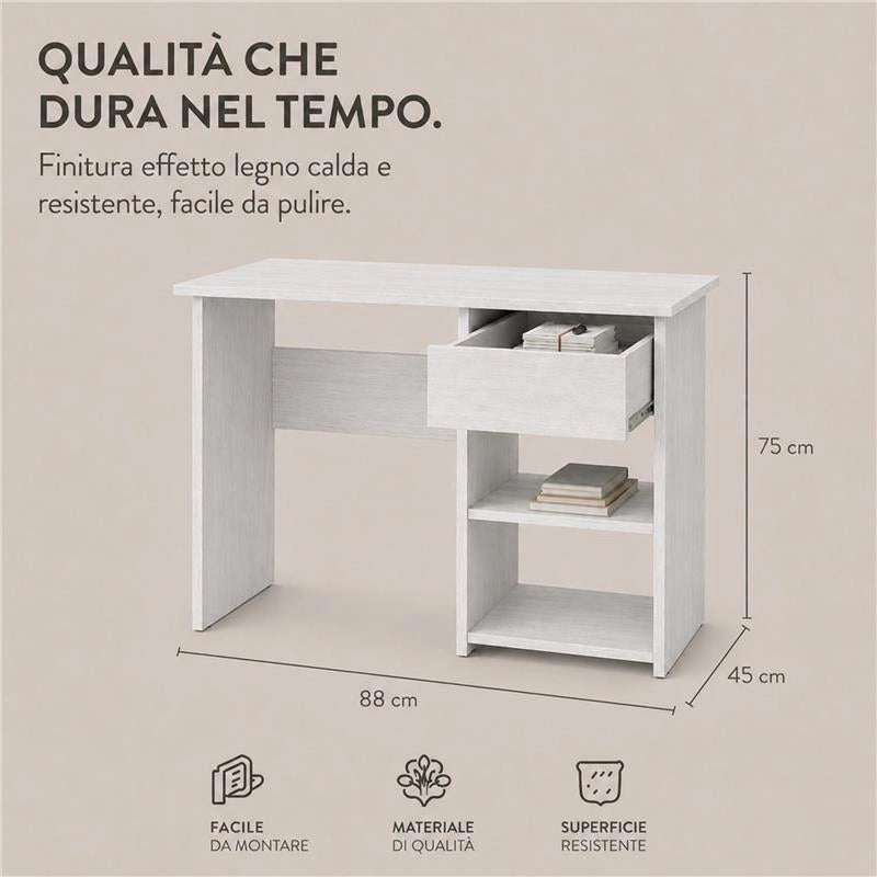 SCRIVANIA PER UFFICIO O CAMERA IN MDF COLOR BIANCO LEGNO CON CASSETTO E RIPIANI MISURE 88X45X75CM
