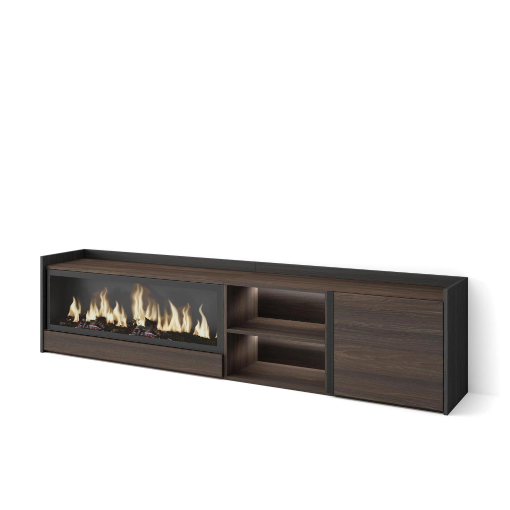 Mobile TV Soggiorno, 212x50x35 cm, Per TV fino a 80", Camino elettrico XXL, LED, Rovere scuro e Nero