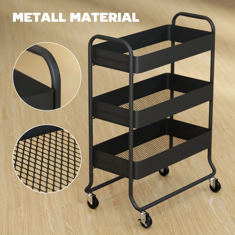 Carrello da cucina, 3 cestelli, 4 ruote, in metallo, nero