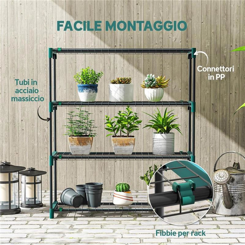 SET DI 2 SCAFFALI PER PIANTE A 4 LIVELLI IN ACCIAIO CON GANCI, 90X28X104 CM, VERDE