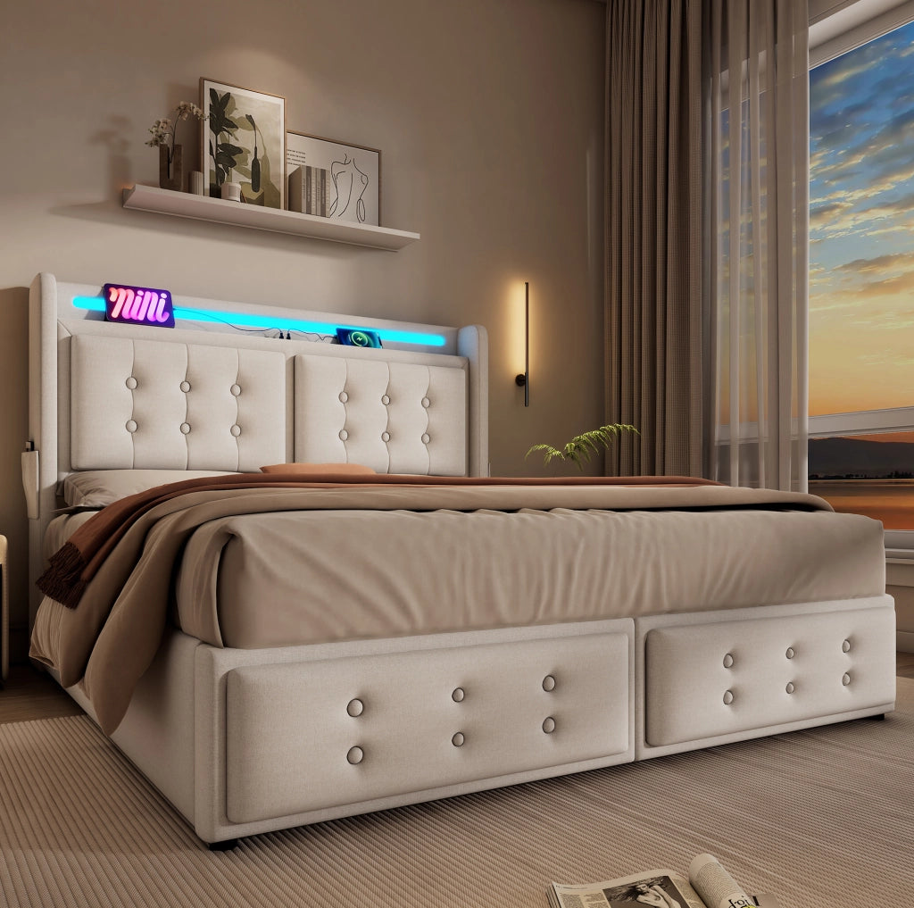 Letto imbottito 140x200 cm beige cotone e lino, LED USB C con contenitore, senza materasso
