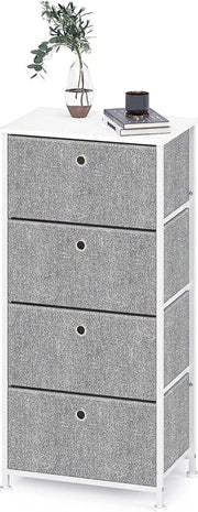 Commode con 4 cassetti in metallo e stoffa, organizzatore per oggetti vari, contenitori pratici per risparmiare spazio per camera da letto, ufficio, soggiorno, ingresso in acciaio, legno, bianco e grigio.