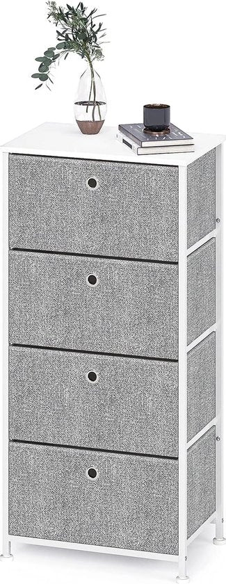 Commode con 4 cassetti in metallo e stoffa, organizzatore per oggetti vari, contenitori pratici per risparmiare spazio per camera da letto, ufficio, soggiorno, ingresso in acciaio, legno, bianco e grigio.