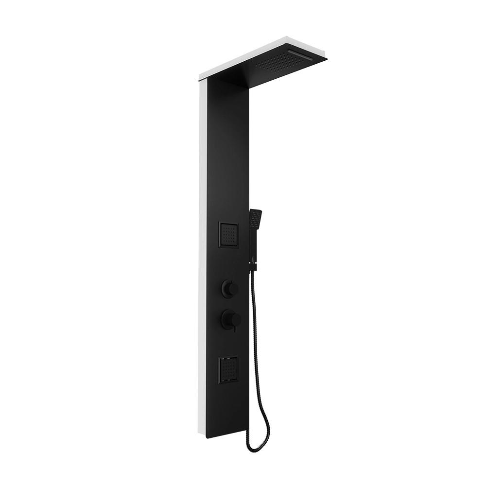 Pannello doccia in alluminio nero e back bianco con doccino, 4 funzioni |  Tago