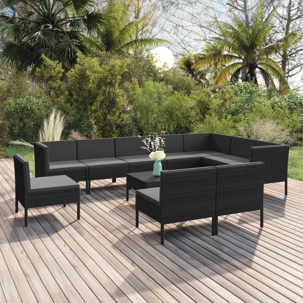 Set Divani da Giardino 11 pz con Cuscini in Polyrattan Nero 3094453