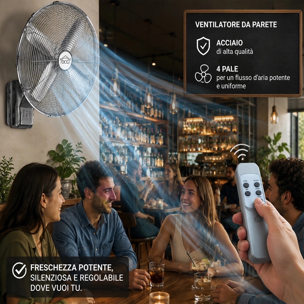 Ventilatore da Parete in Acciaio con 4 Pale e Telecomando 60W con Oscillazione