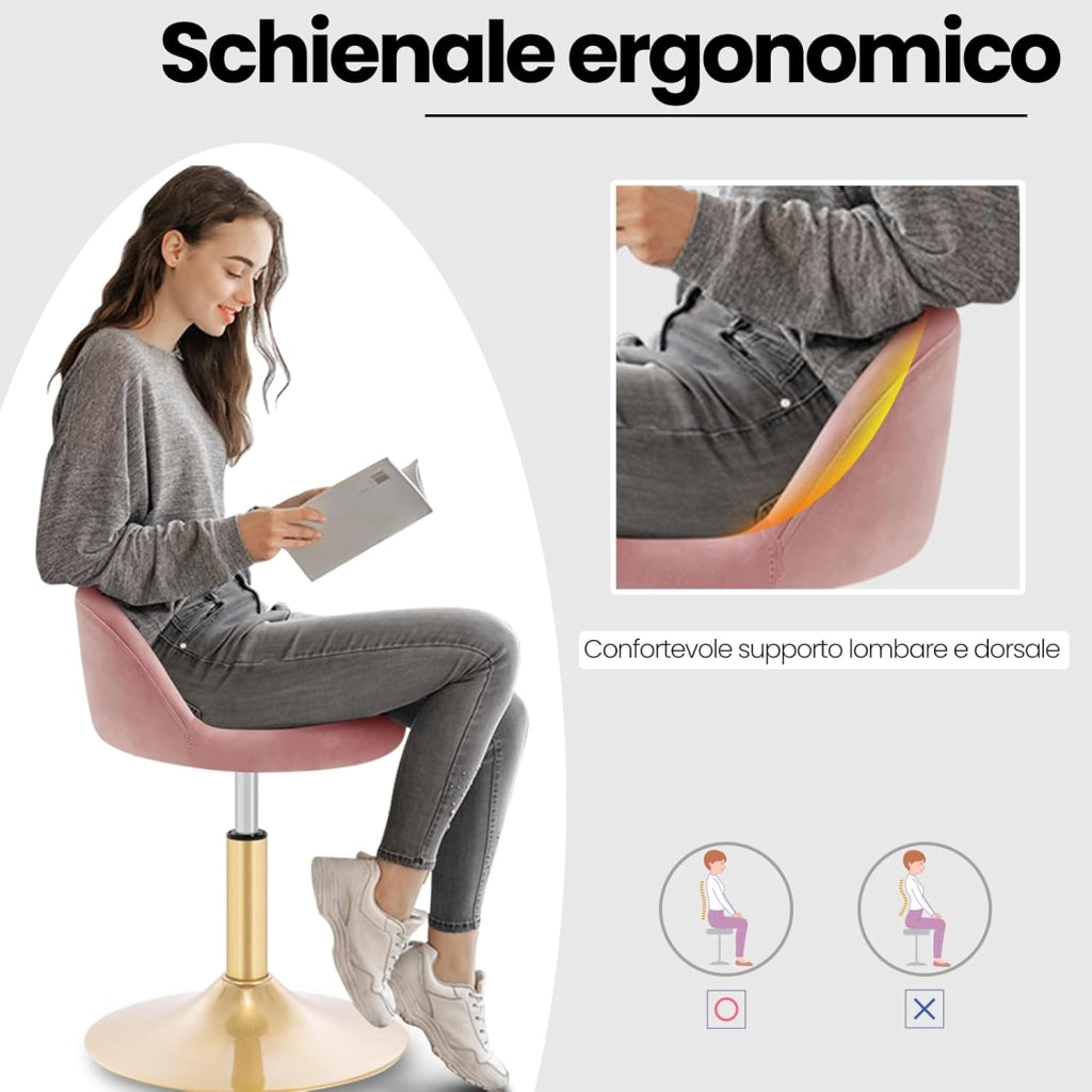 Sgabelli da Trucco Set di 2, Regolabile in Altezza, Sgabelli Girevoli per Ufficio Cucina Soggiorno Camera da Letto, Velluto, 42,5-58 cm, Rosa