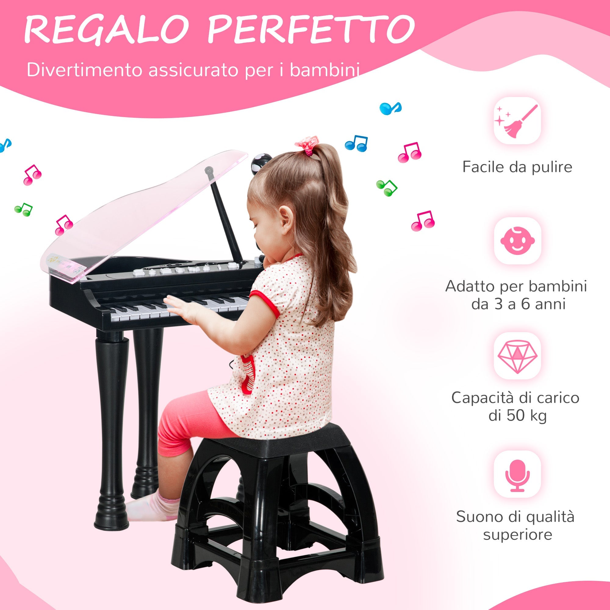 Mini Pianoforte Giocattolo per Bambini a 32 Tasti con Sgabello Microfono Musiche Luci e Gambe Rimovibili Nero