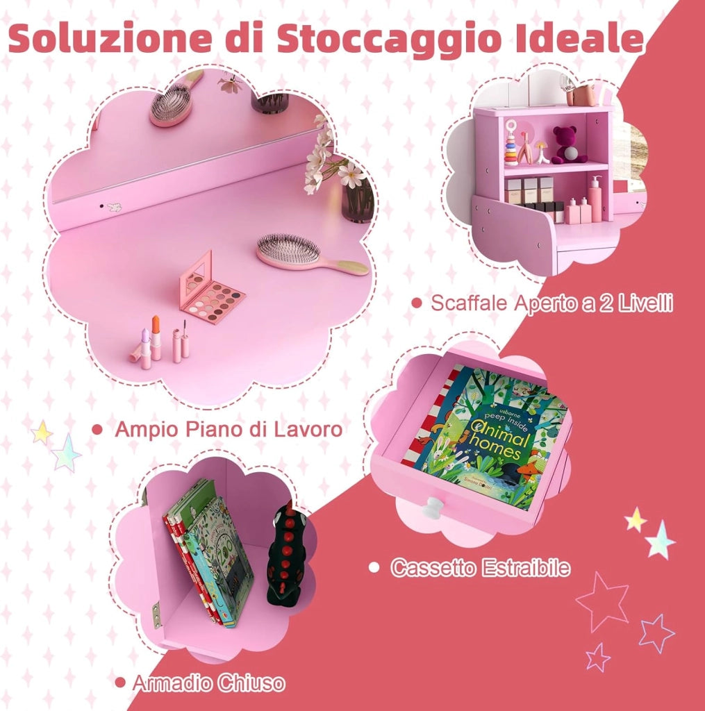 Toeletta Trucco 2 in 1 per Bambina, Specchiera per Ragazza in Legno con Mensole, Cassetto, Ripiani e Luci LED Regolabile, Postazione Trucco per 3 Anni, 80 x 40 x 94 cm (Rosa)