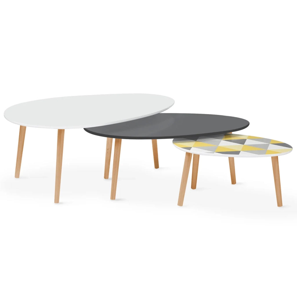 IDMarket - Set di 3 tavolini da salotto GIGI, laccati bianco/grigio/grafici