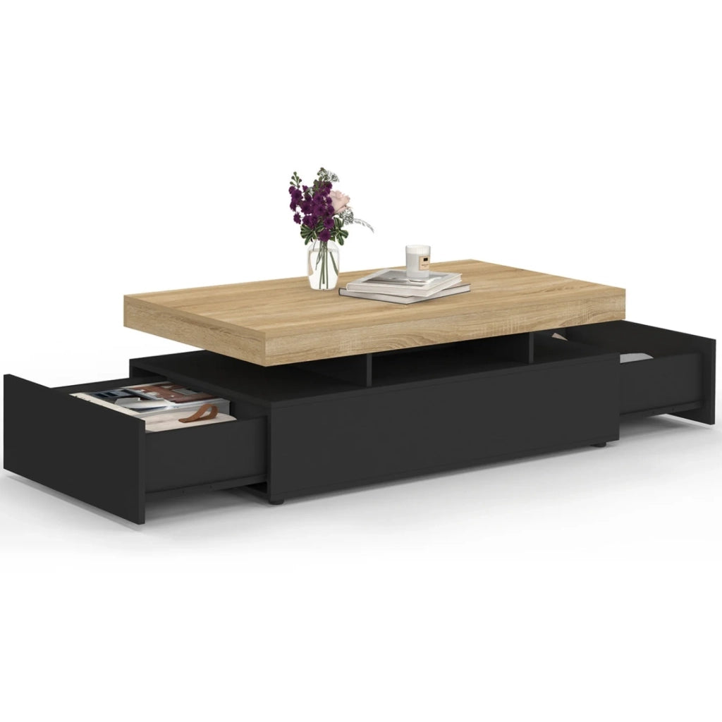 IDMarket - Tavolino rettangolare a 2 cassetti ELSA in legno nero con piano in faggio