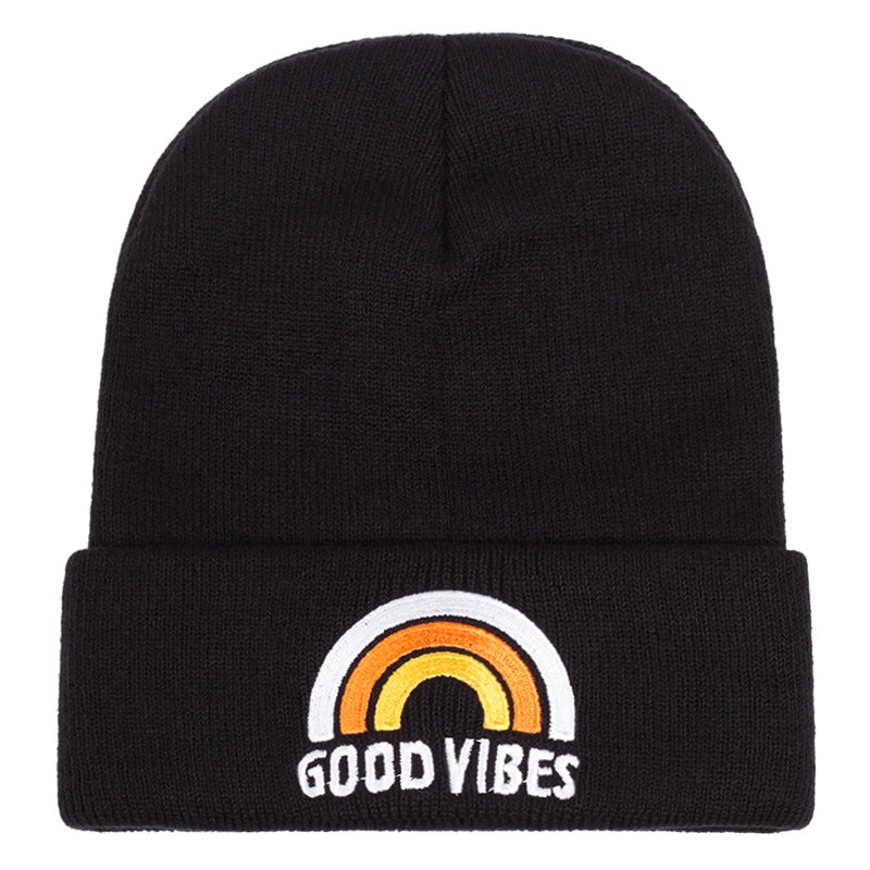 Cappelli invernali caldi in maglia con ricamo GOOD VIBES, colore nero