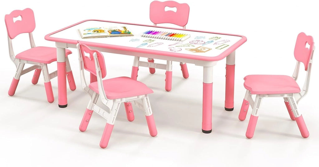 Set Tavolo e 4 Seide per Bambini, Scrivania Regolabile in Altezza con Piano Graffiti, Gambe Antiscivolo, Mobile Multifuzione con 4 Posti per Cameretta, Asilo e Scuola (Rosa)