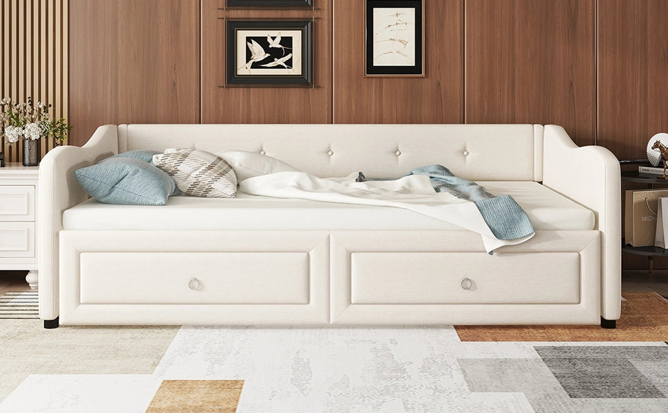DESMIU Letto con rete estraibile 90 × 200 cm 1 piazza con 2 cassetti, senza materasso, in lino, beige