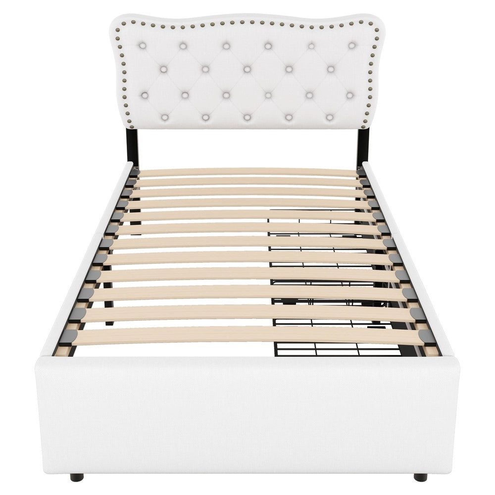 Letto Imbottito con Cassetti 90x200 ¨C MINIMAL ¨C Beige, Testiera con Borchie