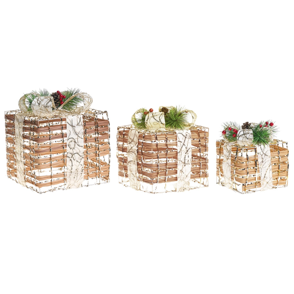 Set di 3 scatole regalo decorative natalizie con luci LED bianche calde Fiocchi Decorazioni natalizie per interni Marrone