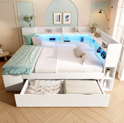 Letto funzionale bianco 140x200 cm con LED, USB, vani contenitore e cassetti