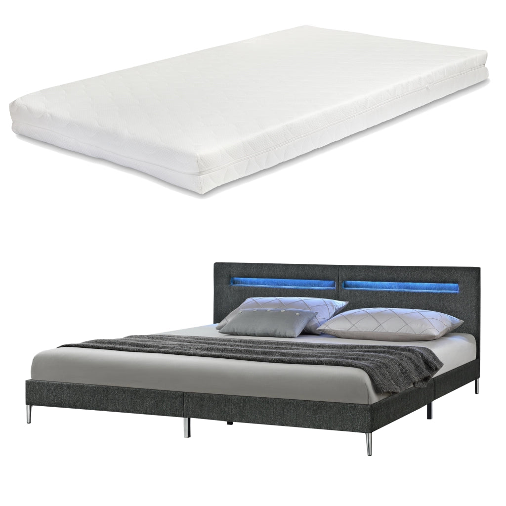 Letto Matrimoniale King Size/2 Piazze con Illuminazione a LED + Materasso a Schiuma Fredda 180 x 200 x 16 cm