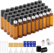 Flessa Rotolabile a 50 pezzi - Flessa in Vetro - 5 ml - Rotolatore in Acciaio Inossidabile - Colore Amber - Per Olii Essenziali - Flessa per Olii Essenziali