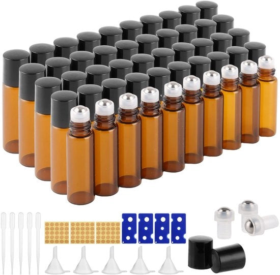 Flessa Rotolabile a 50 pezzi - Flessa in Vetro - 5 ml - Rotolatore in Acciaio Inossidabile - Colore Amber - Per Olii Essenziali - Flessa per Olii Essenziali