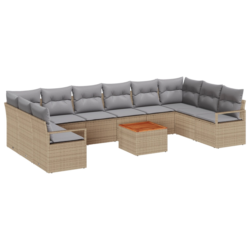 Set Divano da Giardino  11 Pezzi con Cuscini Beige Poly Rattan Acacia