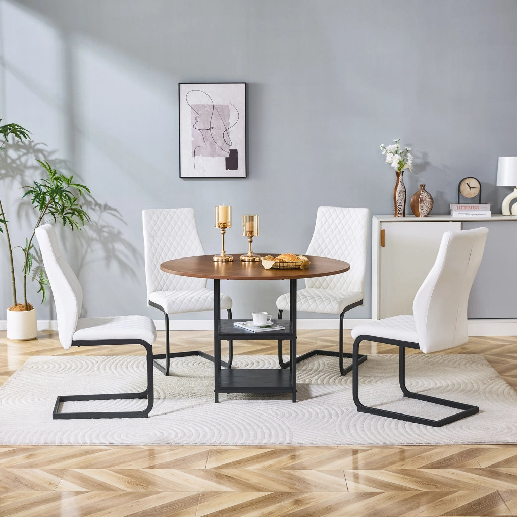 Set tavolo da pranzo e sedie con 1 tavolo rotondo e 4 sedie; 2 ripiani; in MDF e metallo noce; bianco e nero