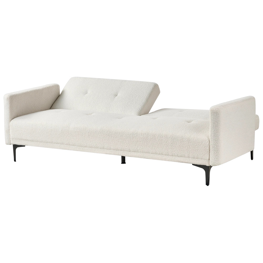 Divano letto moderno in tessuto bouclè bianco sporco a 3 posti con schienale con bottoni gambe nero design moderno scandinavo